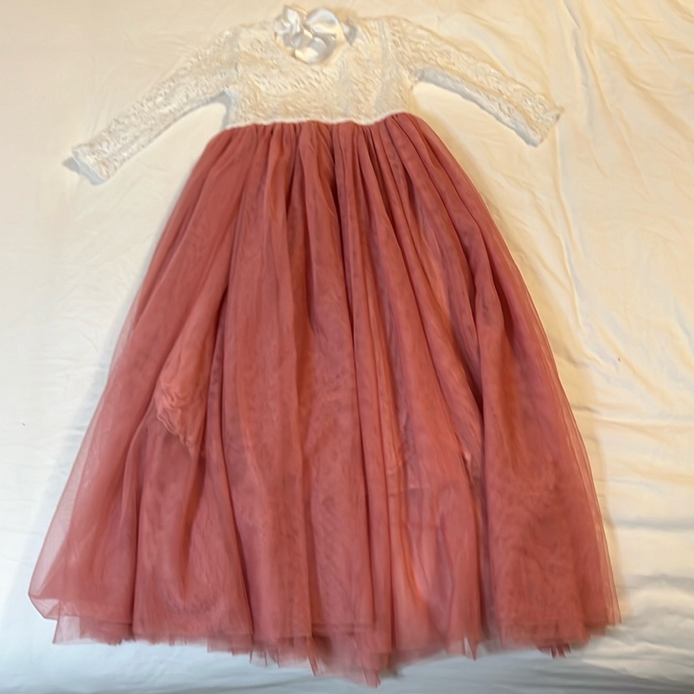Little Girls Bridesmaid Ankle-Length Dress - White & Dusty Rose - Size 5